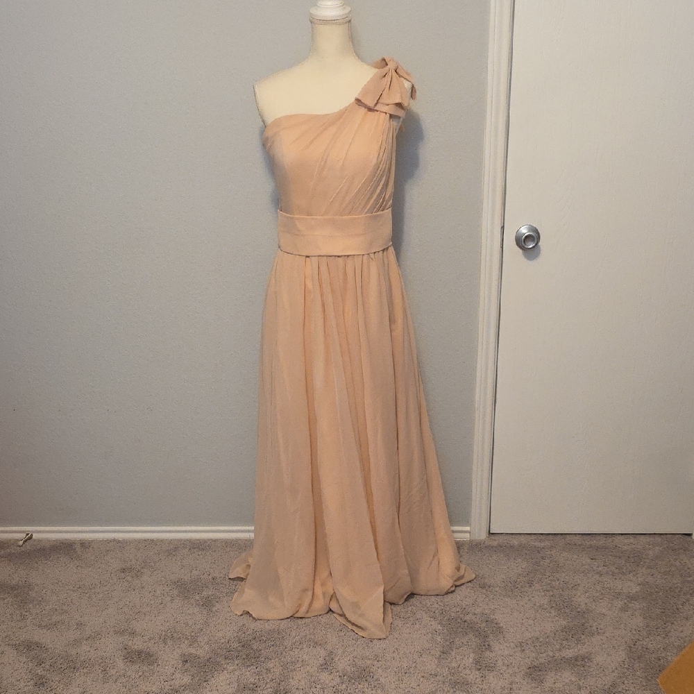 Tan Pleated One-Shoulder Gown